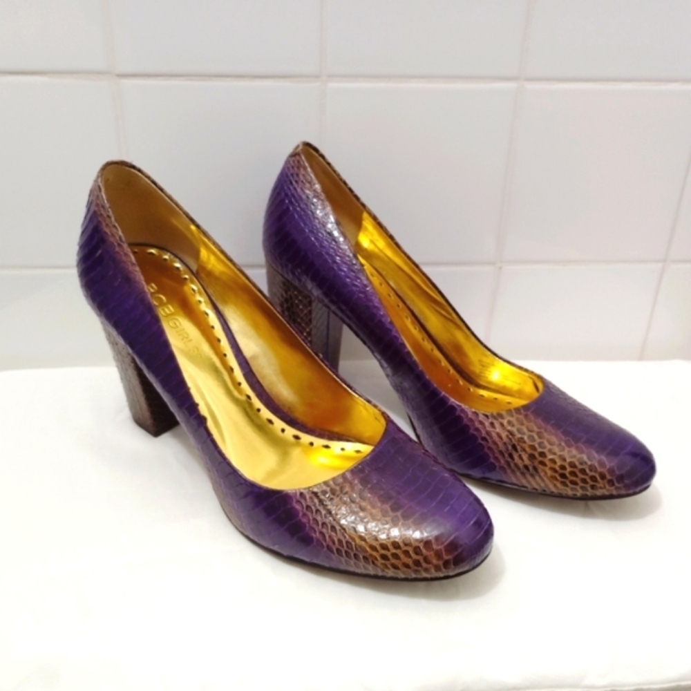 BCBG Calista Snakeskin Leather Heels Purple Gold 3" Block Heel US 7 - Picture 13 of 13